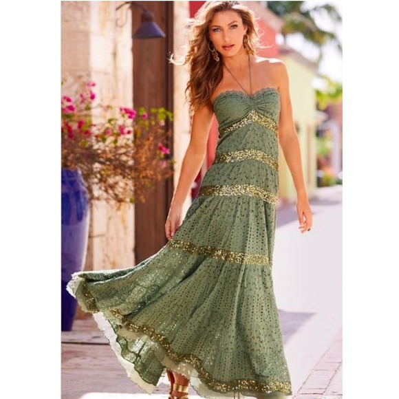 Boston Proper Dresses & Skirts - Boston Proper Olive Green Strapless Maxi Dress with Gold Accents